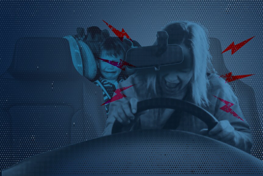 A digitally produced image of a woman crying behind a steering wheel, with a young boy in the background. 