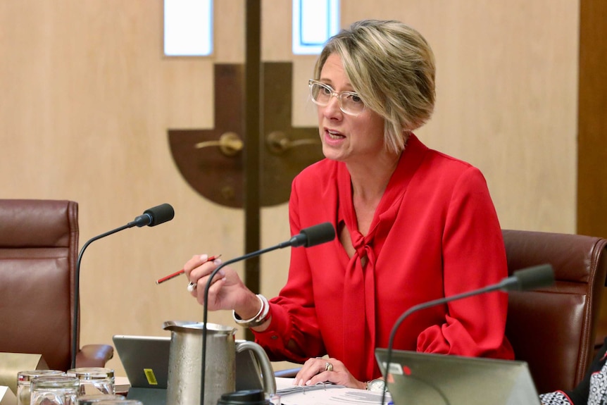 A woman with short blonde hair sits at a desk, speaking into a microphone,  wearing a red blouse and clear glasses.