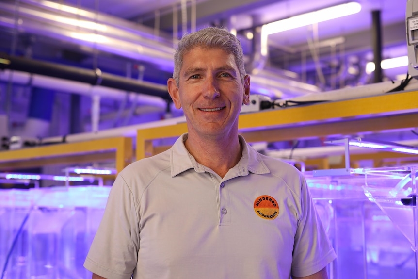 A grey-haired man in a branded polo shirt stands smiling in front of a scientific aquarium.