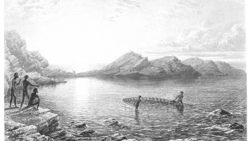 Painting of Australian Indigenous people fishing with a net