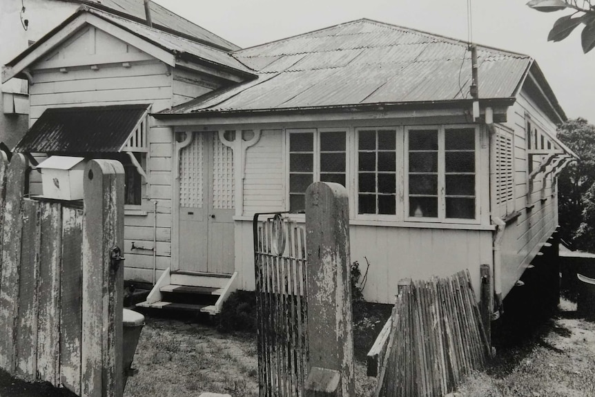 Black and white photo of the front of the house where Barbara McCulkin and her daughters Vicki and Leanne lived