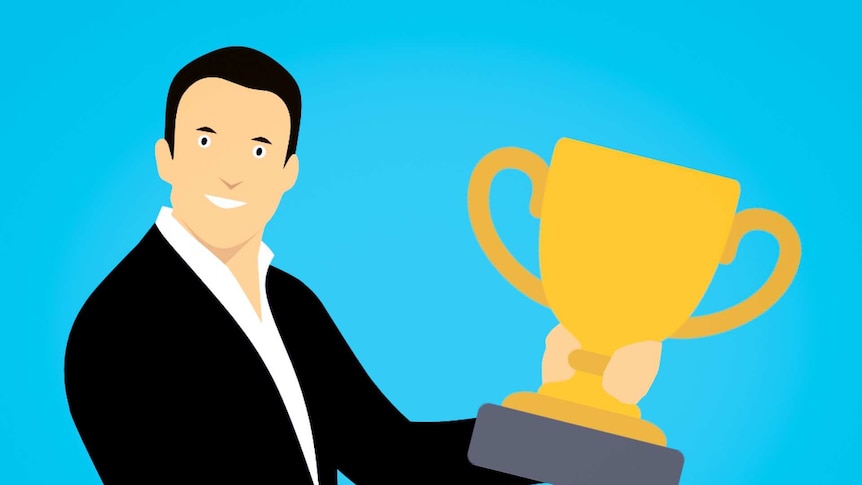 Cartoon illustration of a man holding a trophy.