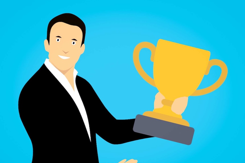 Cartoon illustration of a man holding a trophy.