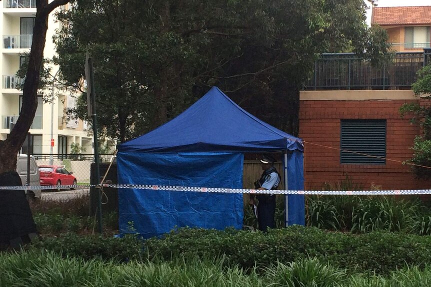 Police set up blue tent around crime scene outside an apartment block
