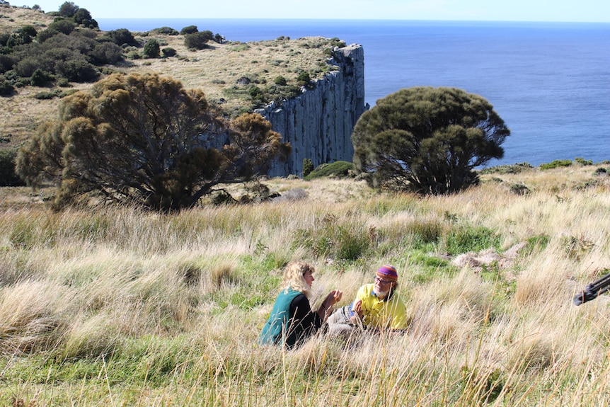 Volunteers take a break on Tasman Island