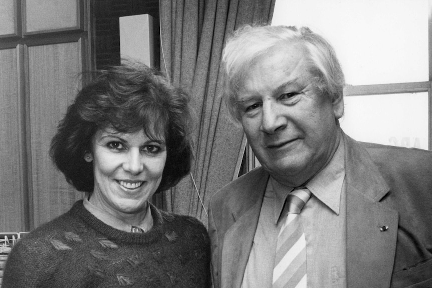 Black and white head shot of Margaret Throsby with Peter Ustinov.