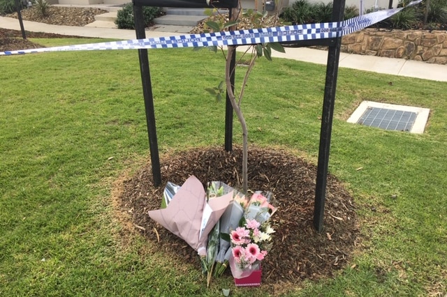Bunches of flowers at the base of a tree with police tape.
