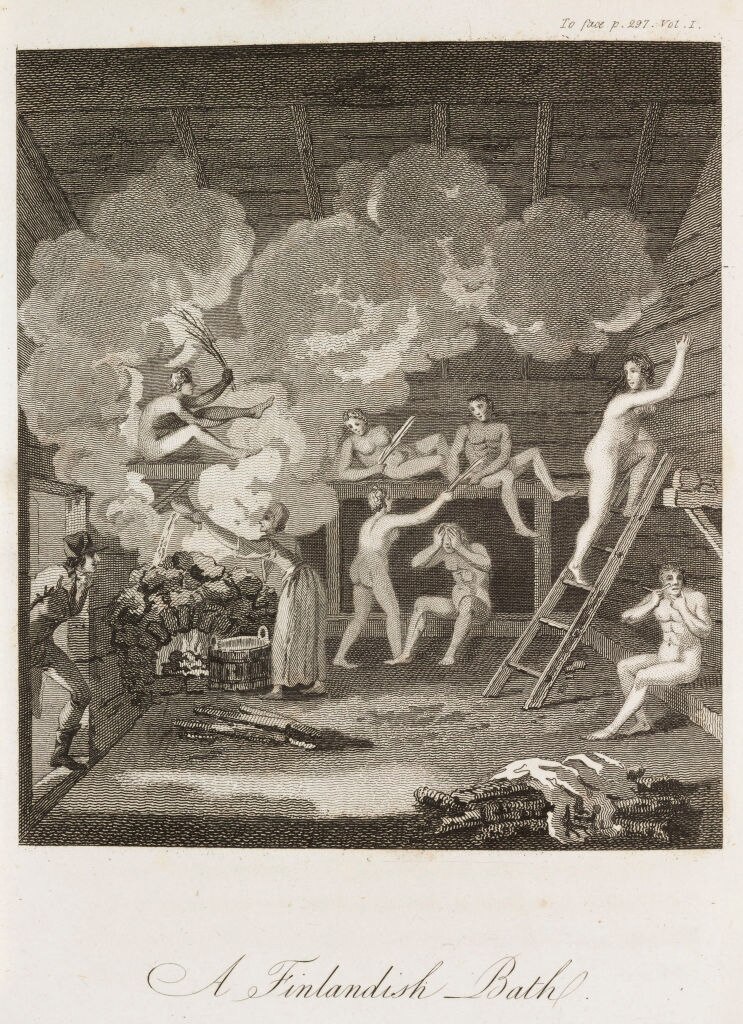 Naked men and women in an old sauna, a woman puts water on the fire releasing steam and a man open the door