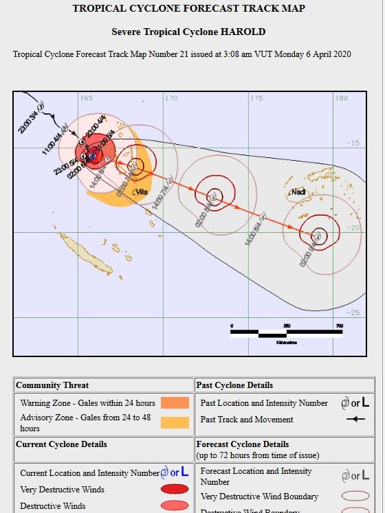 You view a diagram of a Tropical Cyclone Harold's trajectory through the South Pacific.