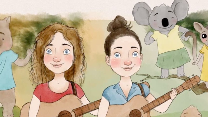 A drawing of two young women holding acoustic guitars surrounded by dancing cartoon animals.