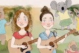 A drawing of two young women holding acoustic guitars surrounded by dancing cartoon animals.