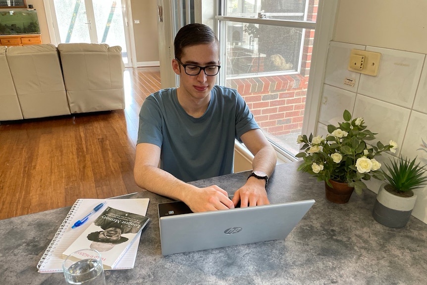 a boy in a grey t-shirt sits at a laptop in a living area of a home
