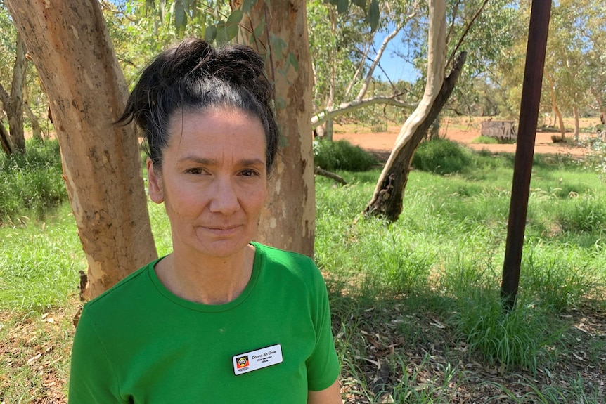 Donna Ah Chee has a serious expression and is looking at the camera. She is wearing a green shirt and standing near some trees.