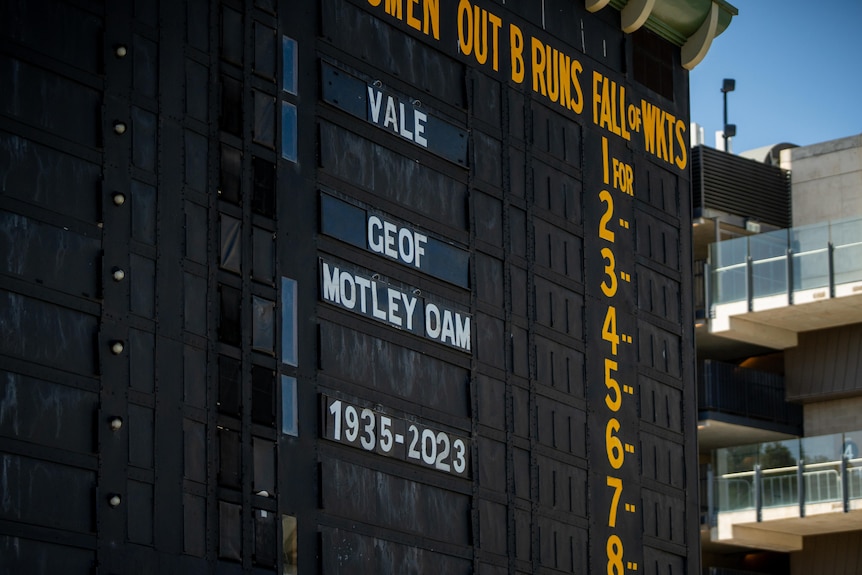 A scoreboard reading 'Vale Geof Motley OAM'.
