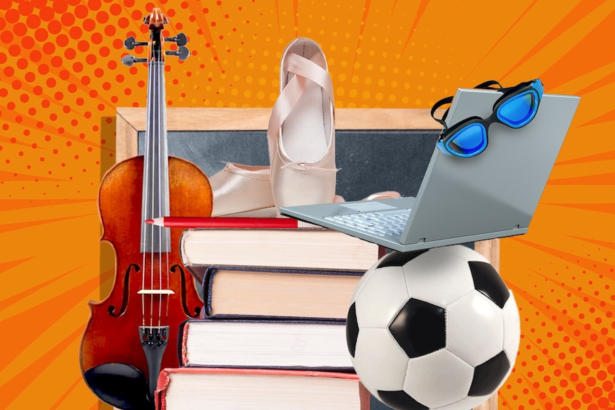 Colourful graphic of books, musical instruments, ballet shoes, a soccer ball, swimming goggles and a laptop.