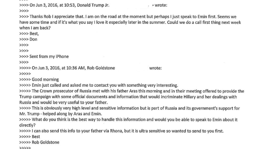 An email thread released by Donald Trump Jr on Twitter demonstrating a desire to meet with a Russian lawyer.