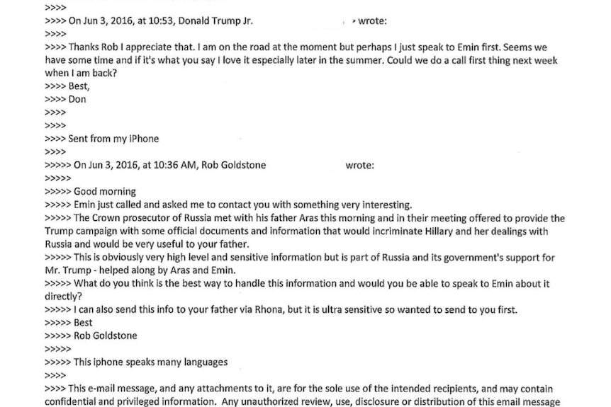 An email thread released by Donald Trump Jr on Twitter demonstrating a desire to meet with a Russian lawyer.