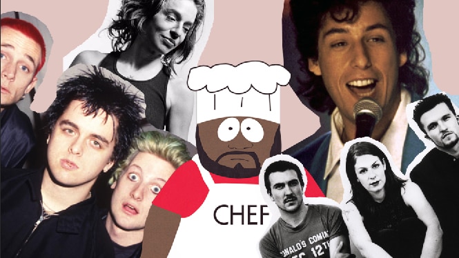 Collage featuring Green Day Ani DiFranco, Chef from South Park, Adam Sandler and Pollyanna