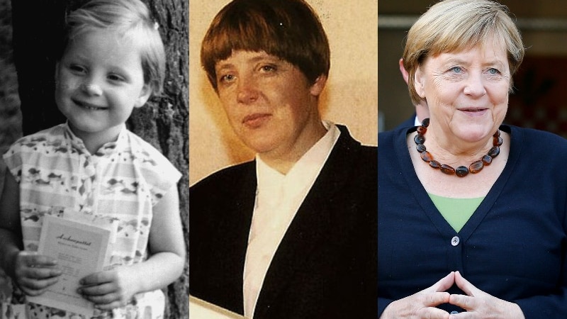 A composite of three images of Angela Merkel. One as a child, one as a young woman and one as a world leader