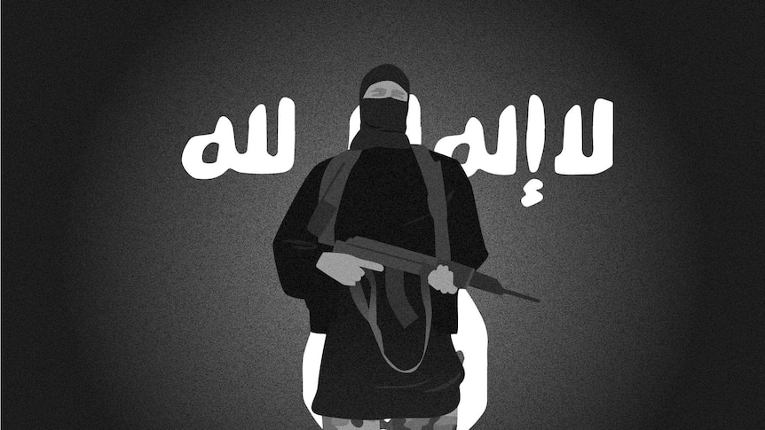 Black and white illustration of man in army warfare in front of ISIS flag.