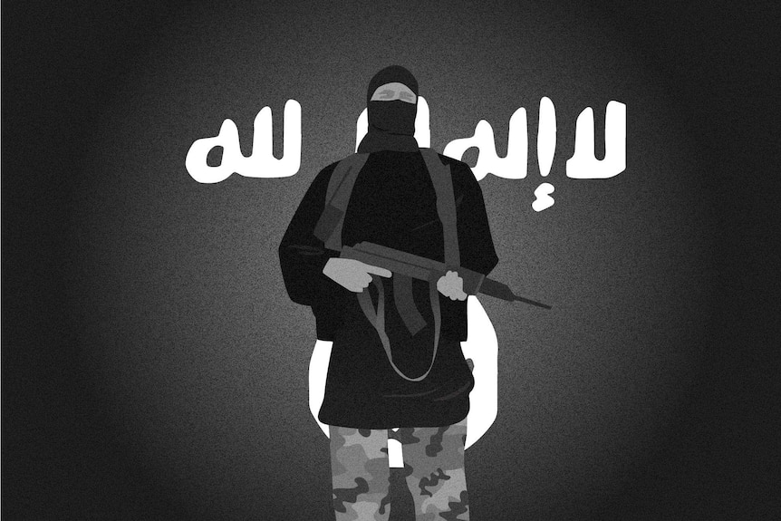 Black and white illustration of man in army warfare in front of ISIS flag.