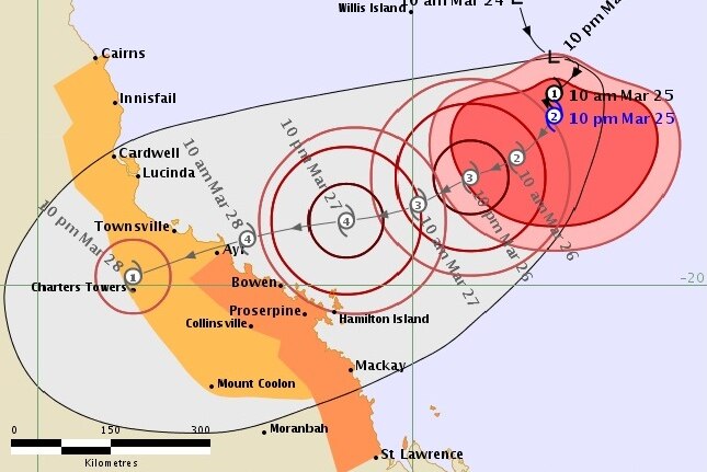 A track map of Cyclone Debbie showing the system intensified to a category two.