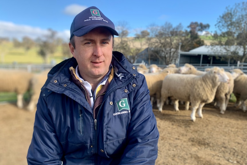 Man wearing blue jacket and blue cap stares with sheep and farm behind him