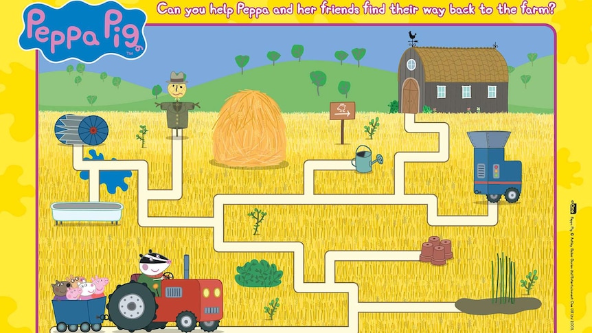 A maze around a farm. Peppa and friends in a tractor.