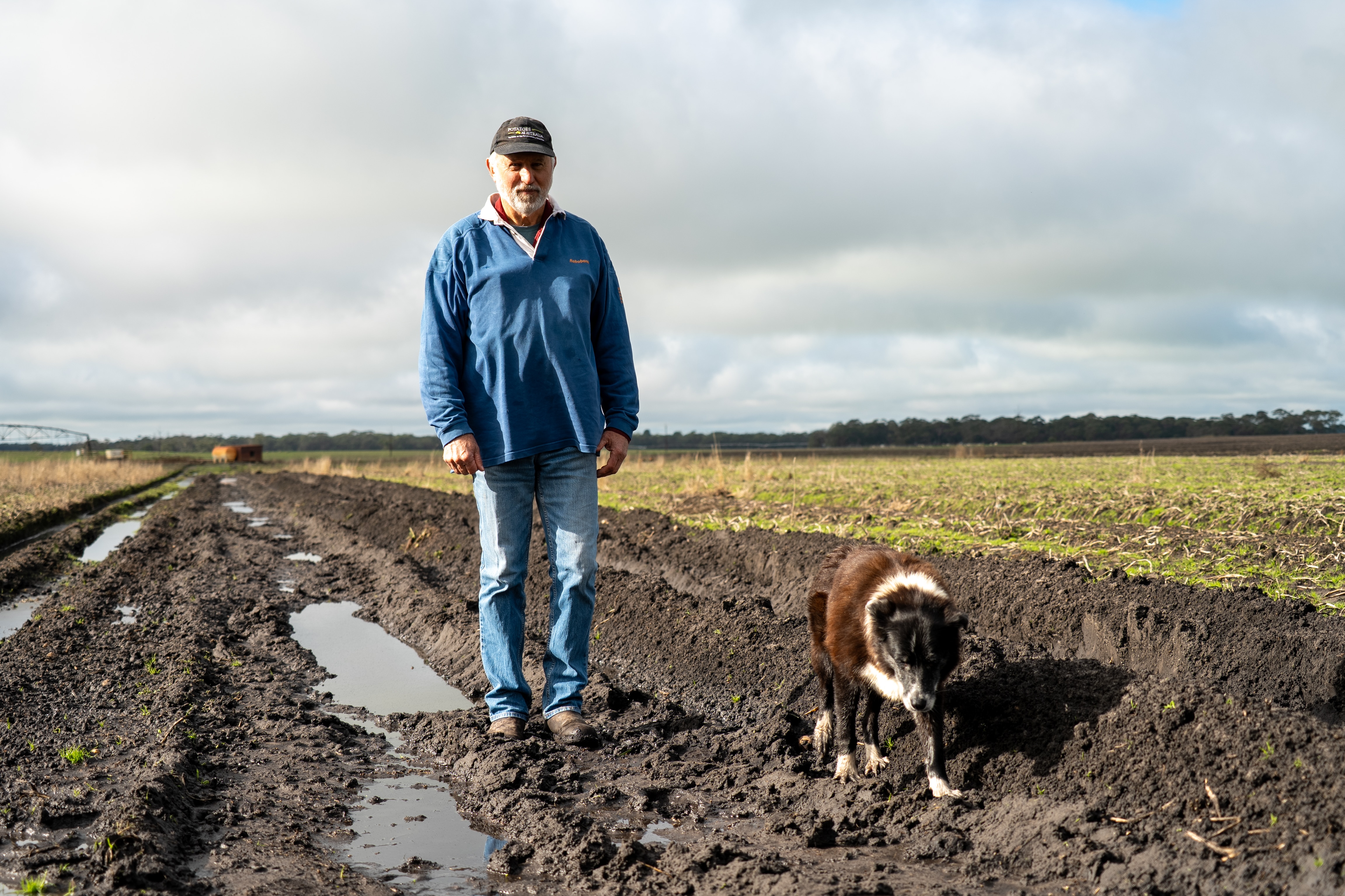 Un hombre y un perro corren por un camino embarrado en un prado.