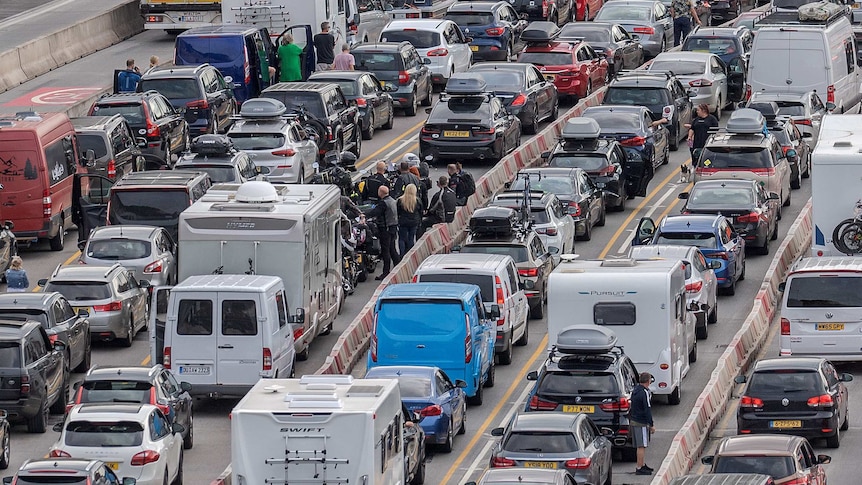 Long lines of cars waiting to clear border control at Dover.