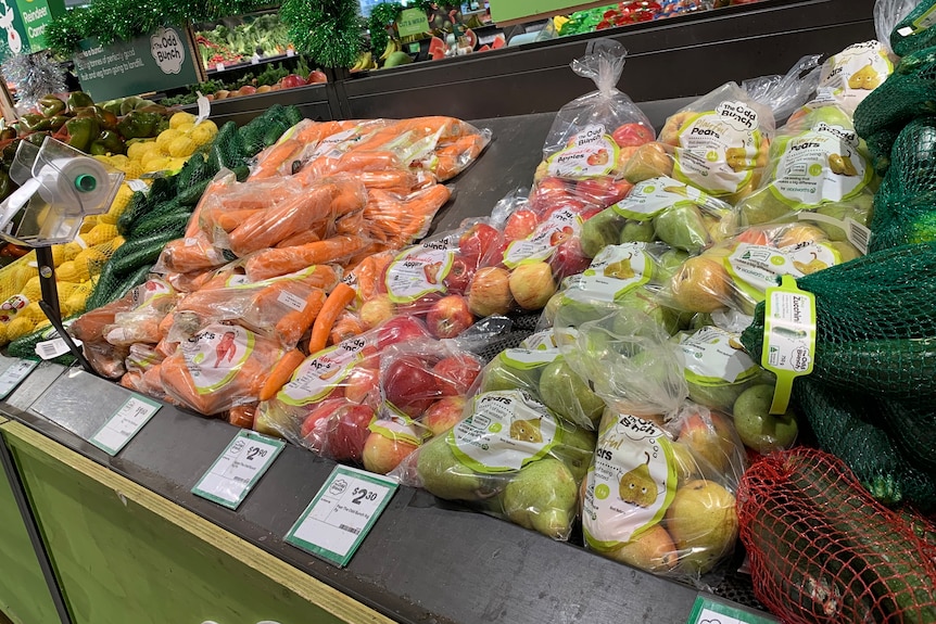 Fruits and vegetables wrapped in plastic in a Darwin supermarket