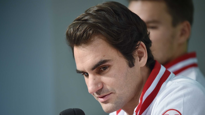 Swiss Davis Cup team player Roger Federer at press conference ahead of Davis Cup final.
