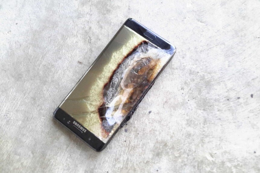 A Samsung Galaxy Note 7 that has been warped and burned after exploding.