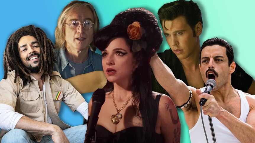 Collage of music biopic portrayals of Bob Marley, John Lennon, Amy Winehouse, Elvis Presley and Freddie Mercury