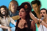 Collage of music biopic portrayals of Bob Marley, John Lennon, Amy Winehouse, Elvis Presley and Freddie Mercury