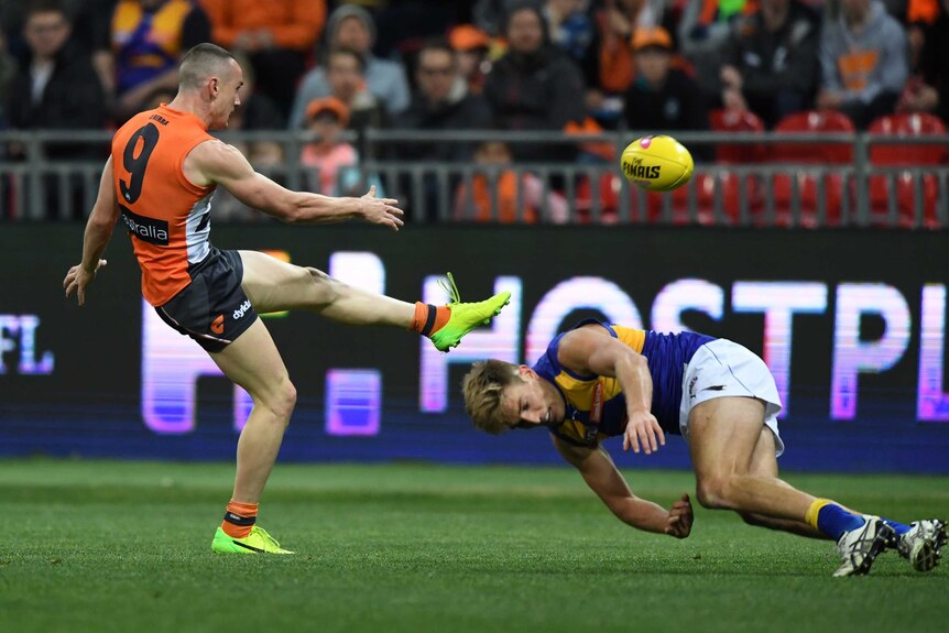 GWS' Tom Scully scores a goal against West Coast at Sydney Showgrounds on September 16, 2017.