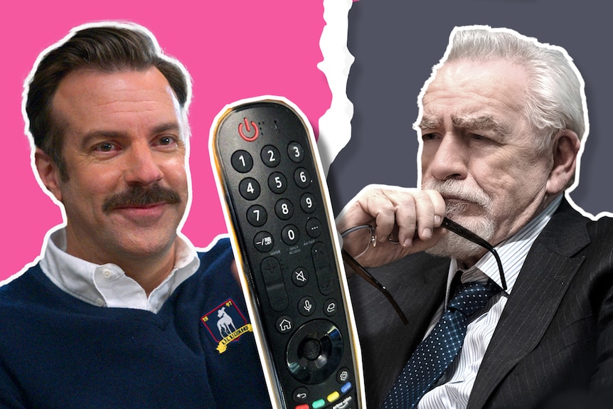 a composite image of two television characters and a remote control