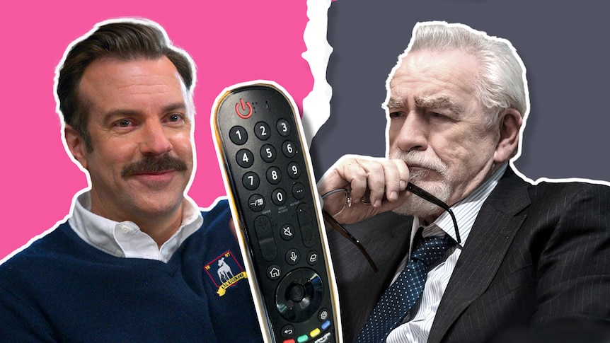 a composite image of two television characters and a remote control