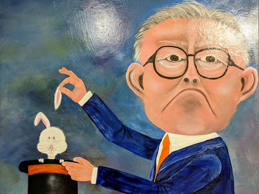 A painting caricature of Anthony Albanese pulling a rabbit out of a hat. The rabbit has lost its ear.
