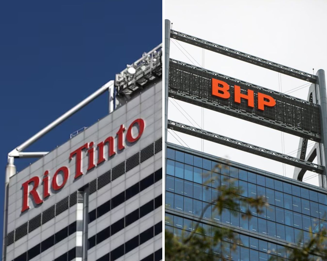A composite shows pictures of Rio Tinto and BHP signs atop tall buildings.