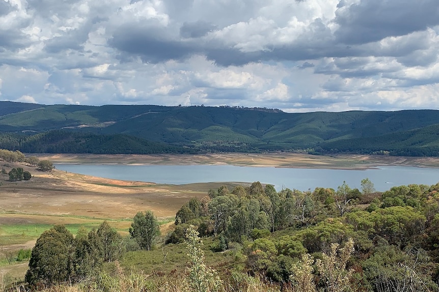 A large dam surrounded by green hills and trees