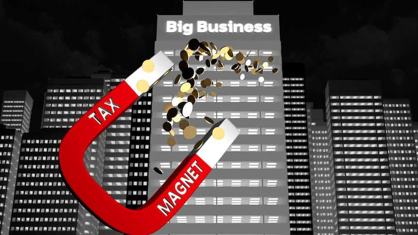 Illustration of 'tax magnet' pulling dollar coins from a 'big business' office block.