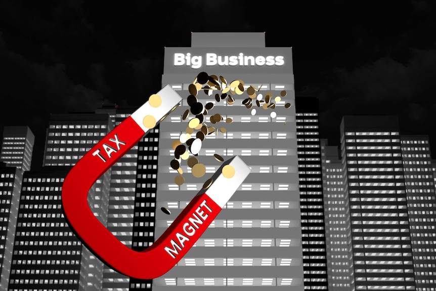 Illustration of 'tax magnet' pulling dollar coins from a 'big business' office block.