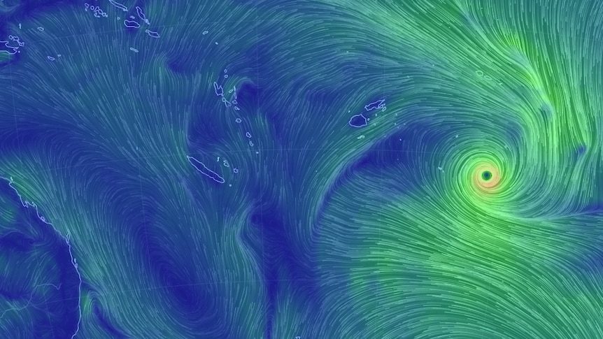 A map shows wind formations of a cyclone.