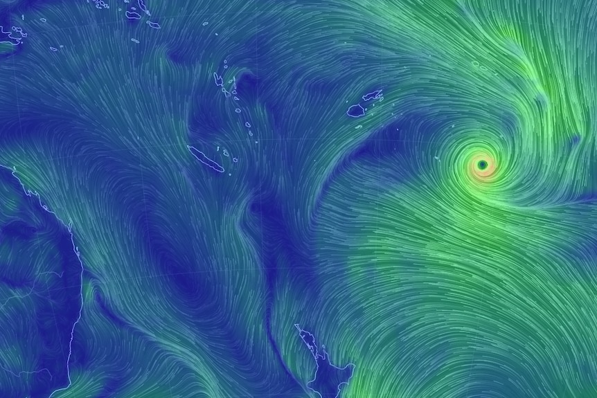 A map shows wind formations of a cyclone.
