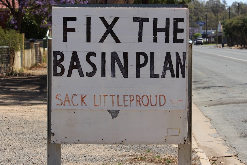 a white has the message "fix the basin plan" in large letters and "sack littleproud" in smaller letters below.