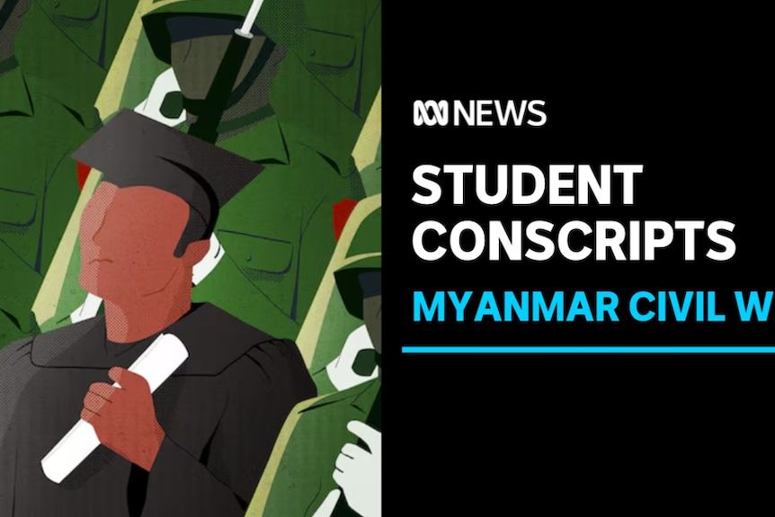 Student Conscripts, Myanmar Civil War: A drawing of a person in graduation regalia among soldiers holding rifles.