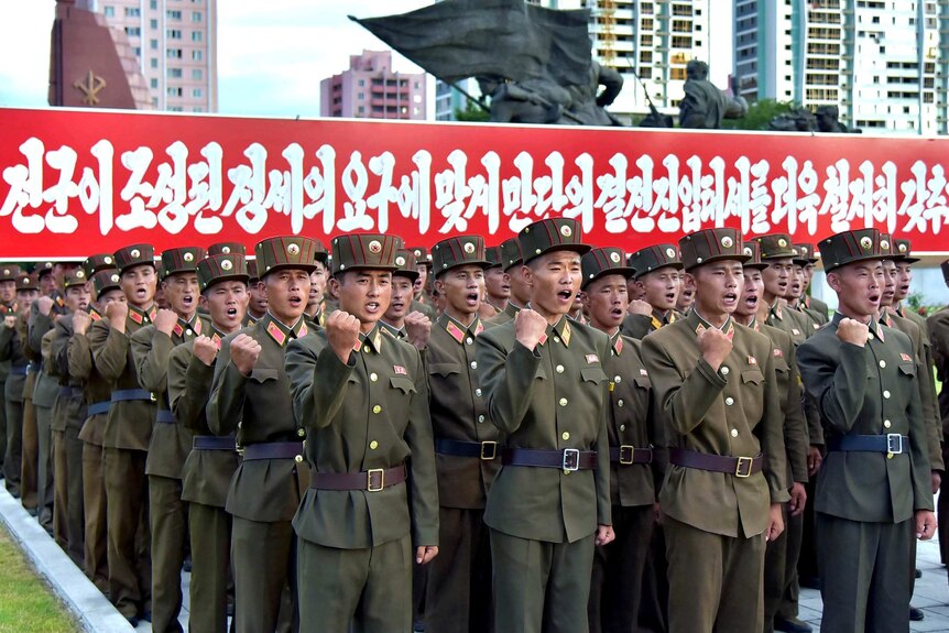 North Korean troops clench their firsts during a rally.