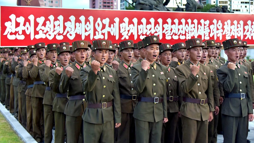 North Korean troops clench their firsts during a rally.