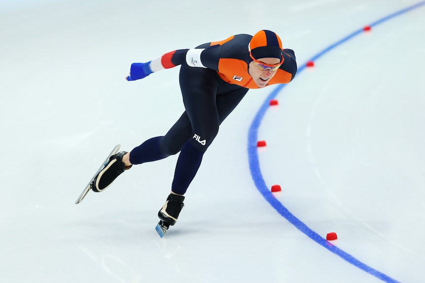 A Dutch female speed skater competing at the Beijing Winter Olympics.
